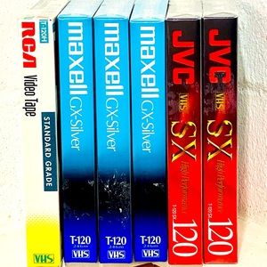 VHS Blank Video Tapes T120 Maxwell, JVC and RCA new in package of 6